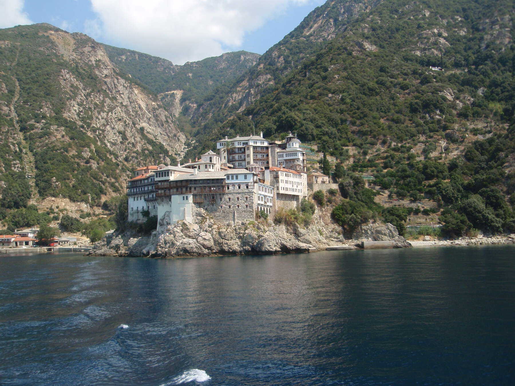 Monastery Gregoriu sits on a stone hilltop next to the sea.